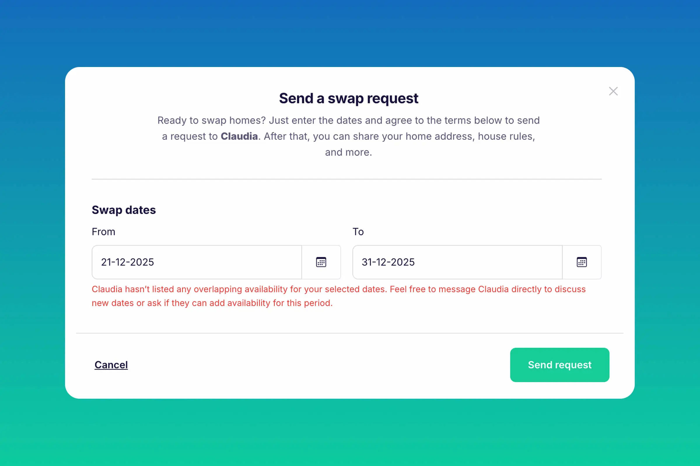 Swap request dates only when both sides’ availability overlaps