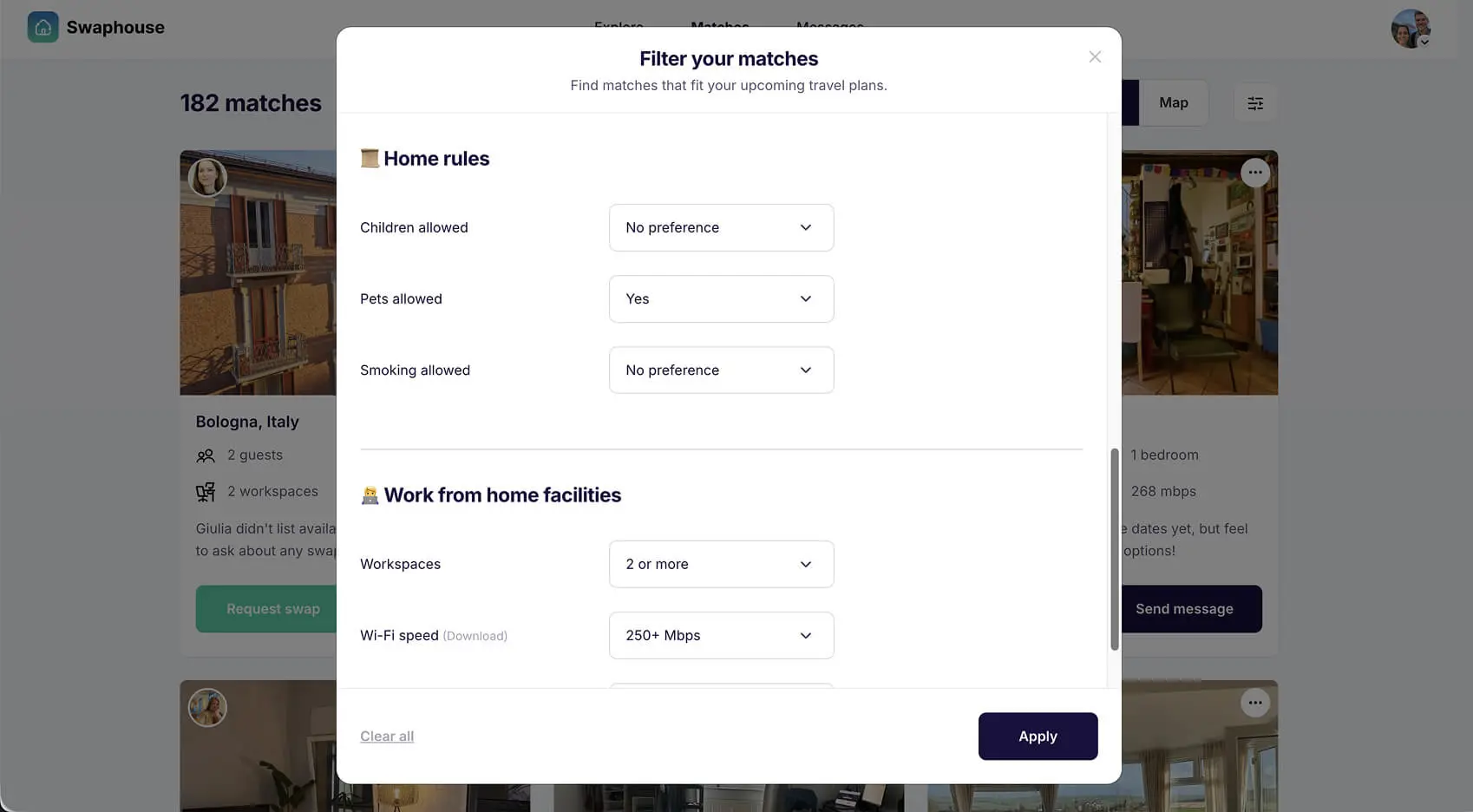 Filter your matches on Swaphouse